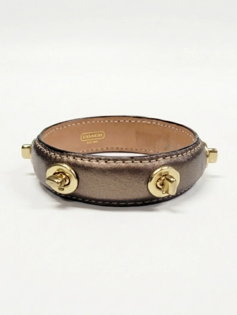 Coach Vintage Y2k Brass Turnlock Metallic Bronze Pewter Leather Bangle Bracelet